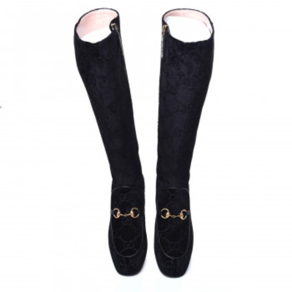 GUCCI VELVET GG MONOGRAM BLACK CRYSTAL HEEL BOOTS 39.5 WILL FIT 8.5 US - Picture 2 of 5